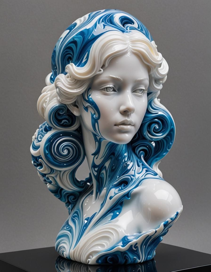 A jelly sculpture of a [subject] with a marble effect, made from a mixture of clear gelatin and blue and white food colo...