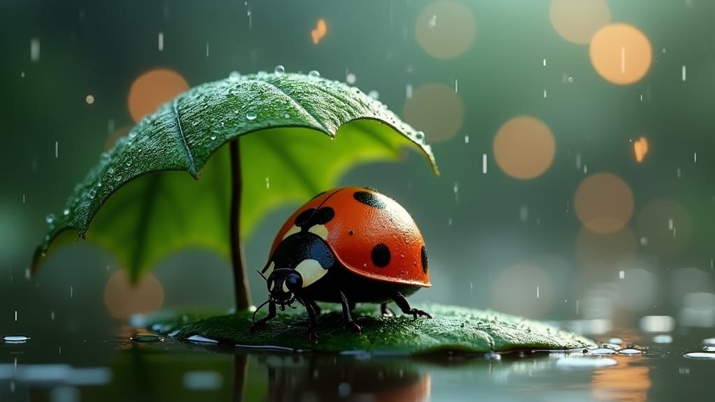 Ladybug Under Rainy Leaf Umbrella