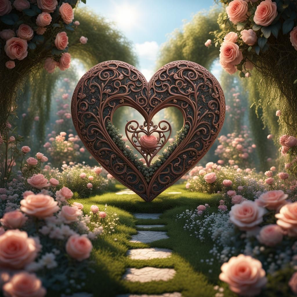 Filigree Heart in Rose Garden: Detailed Matte Painting