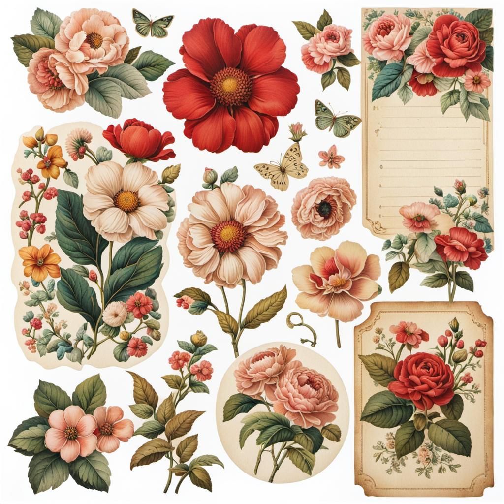 Vintage Floral Ephemera Stickers on White Background