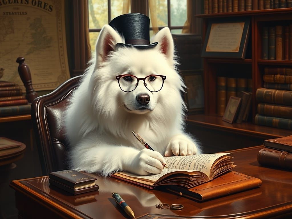 Samoyed Scholar in Cozy Library, Classical Portrait