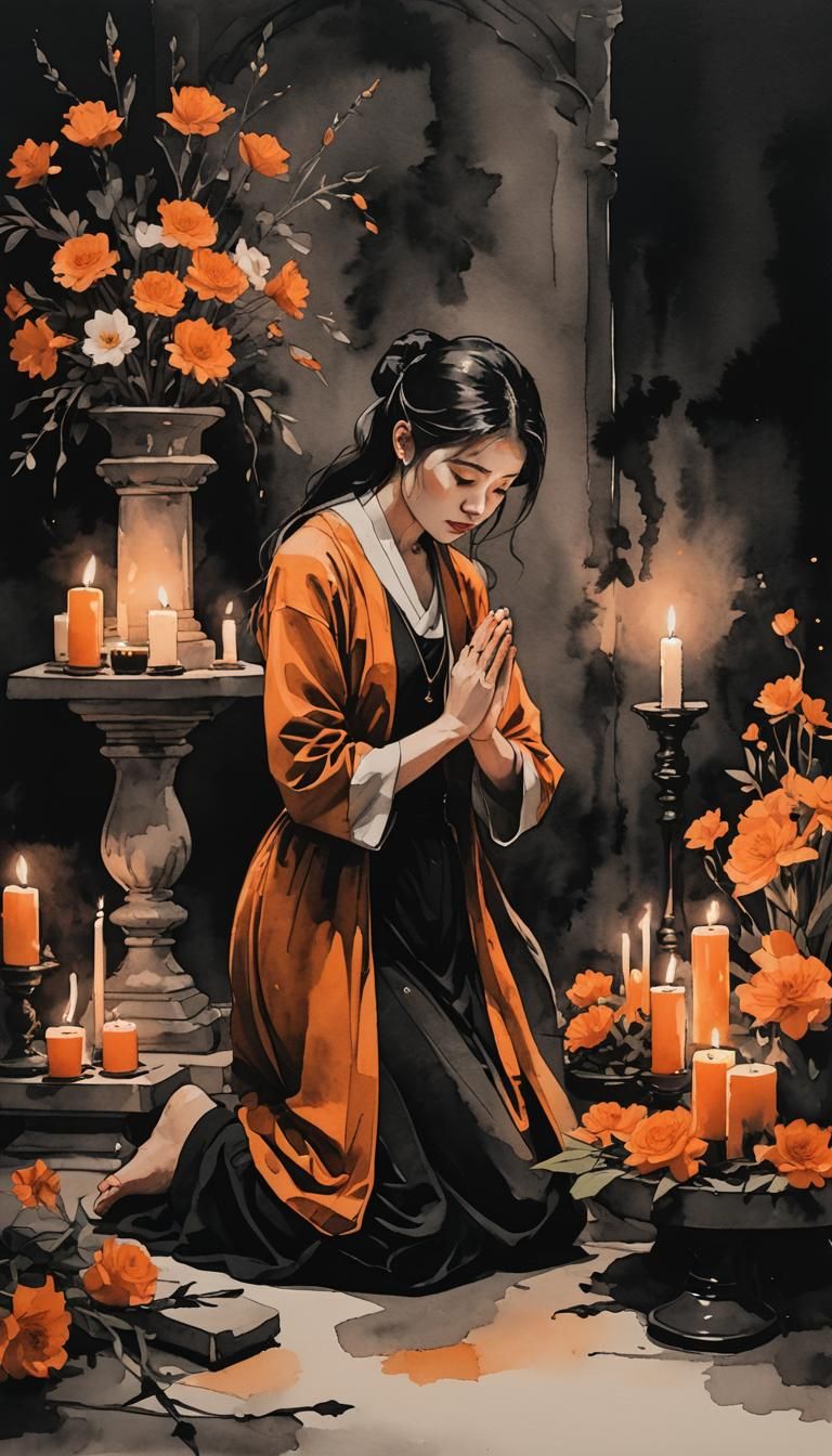 Minimalist Ink Painting of Praying Girl at Altar