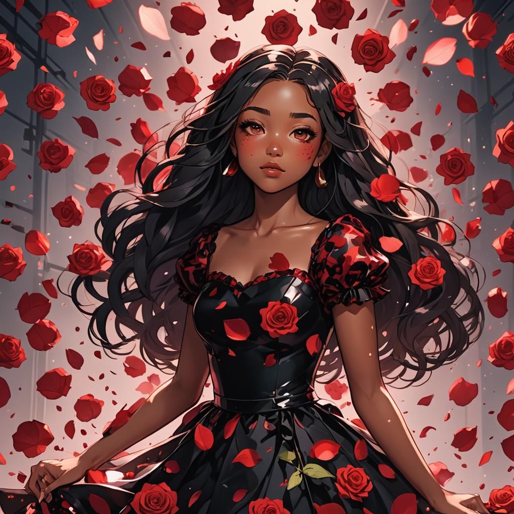Anime Blasian Girl in Rose Dress, Manga Style