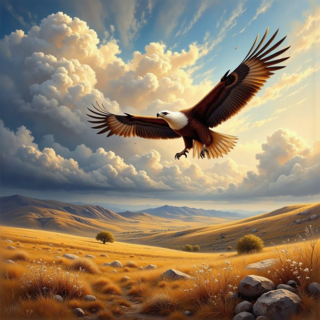 Majestic Steppe Eagle Soars in Dramatic Sky