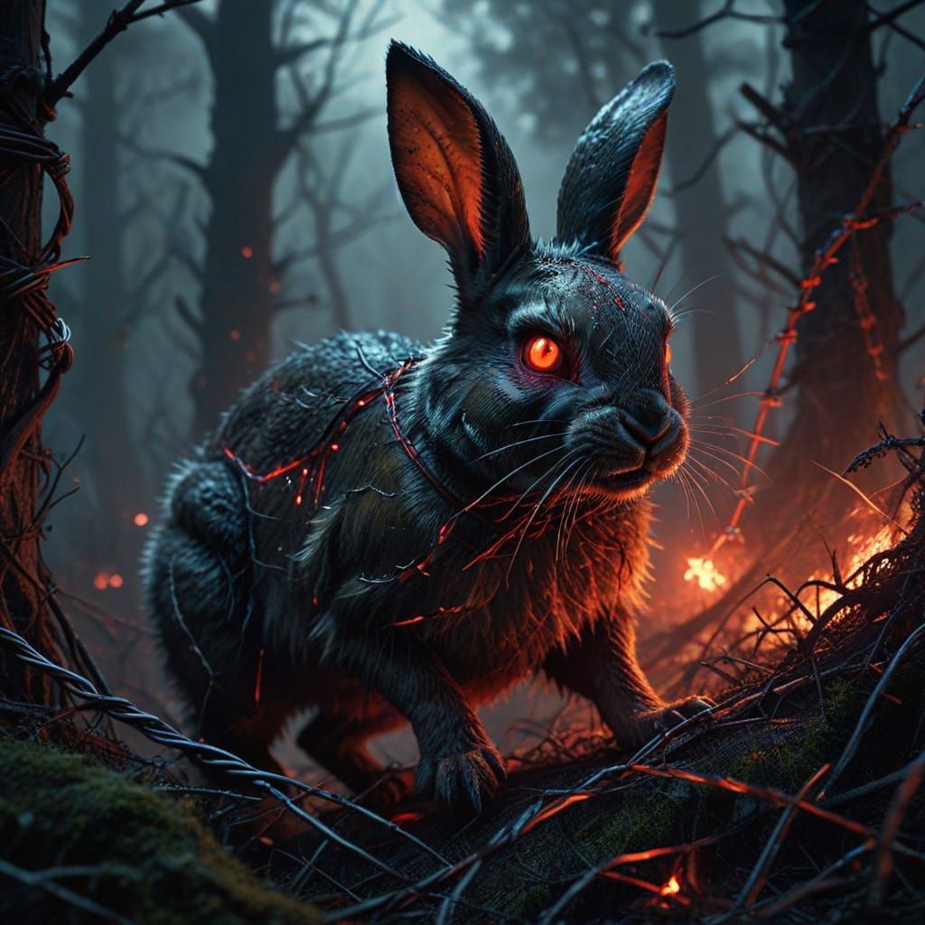 Sinister Rabbit Leaps Through Dark Forest in Ominous Oil Pai...