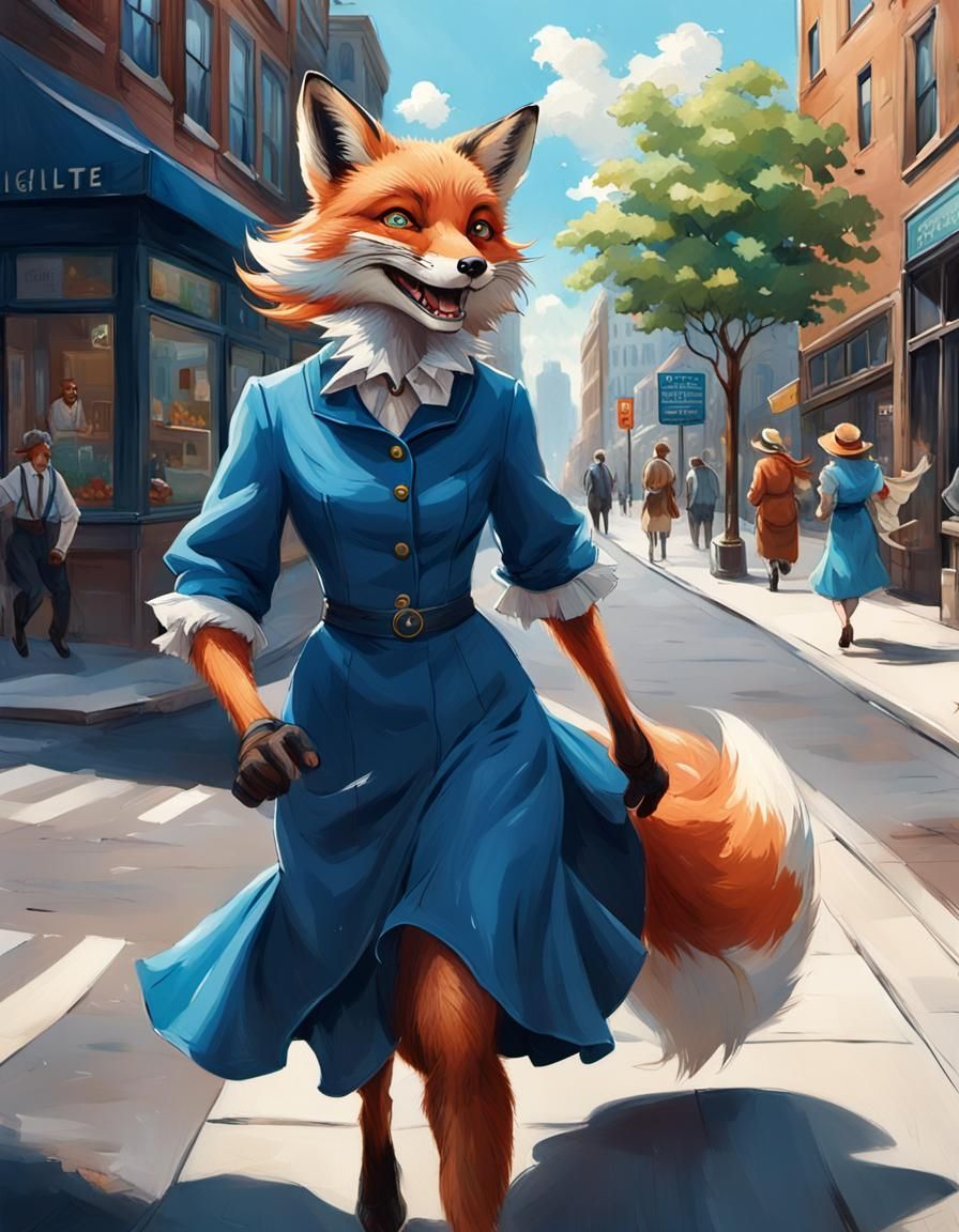 Fox Walks in Sunny City: Hyperrealistic Pin-Up Art