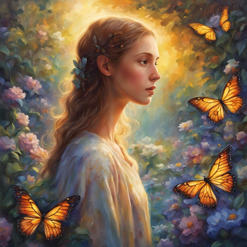 Enchanted Garden: Radiant Lady in Divine Oil Painting