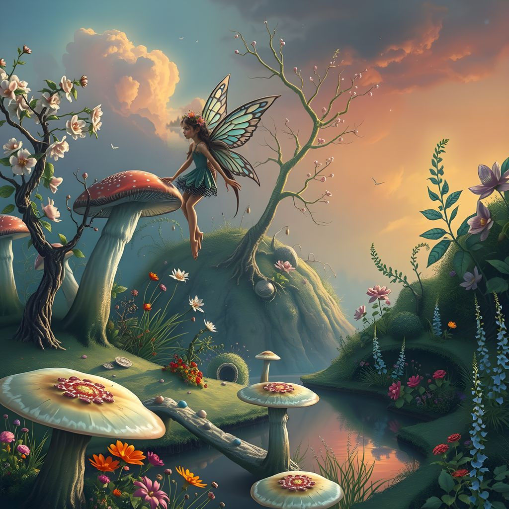 Whimsical Garden Scene with Enchanted Fairies