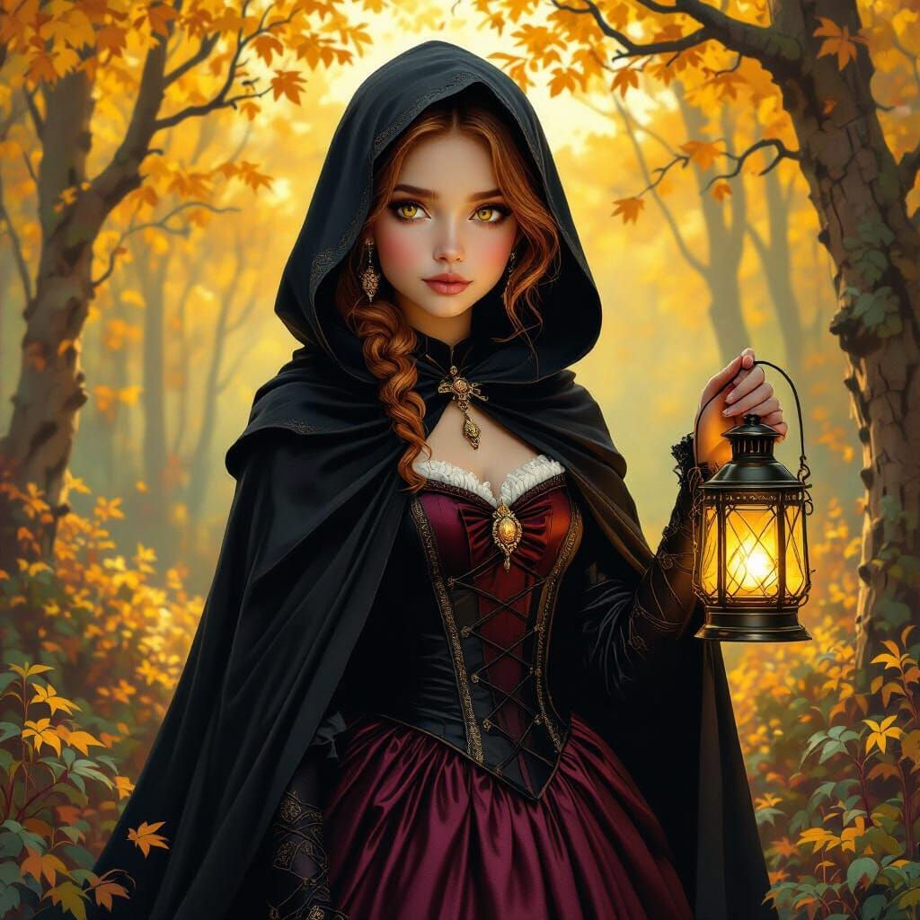Auburn-Haired Girl with Lantern in a Mystical Forest