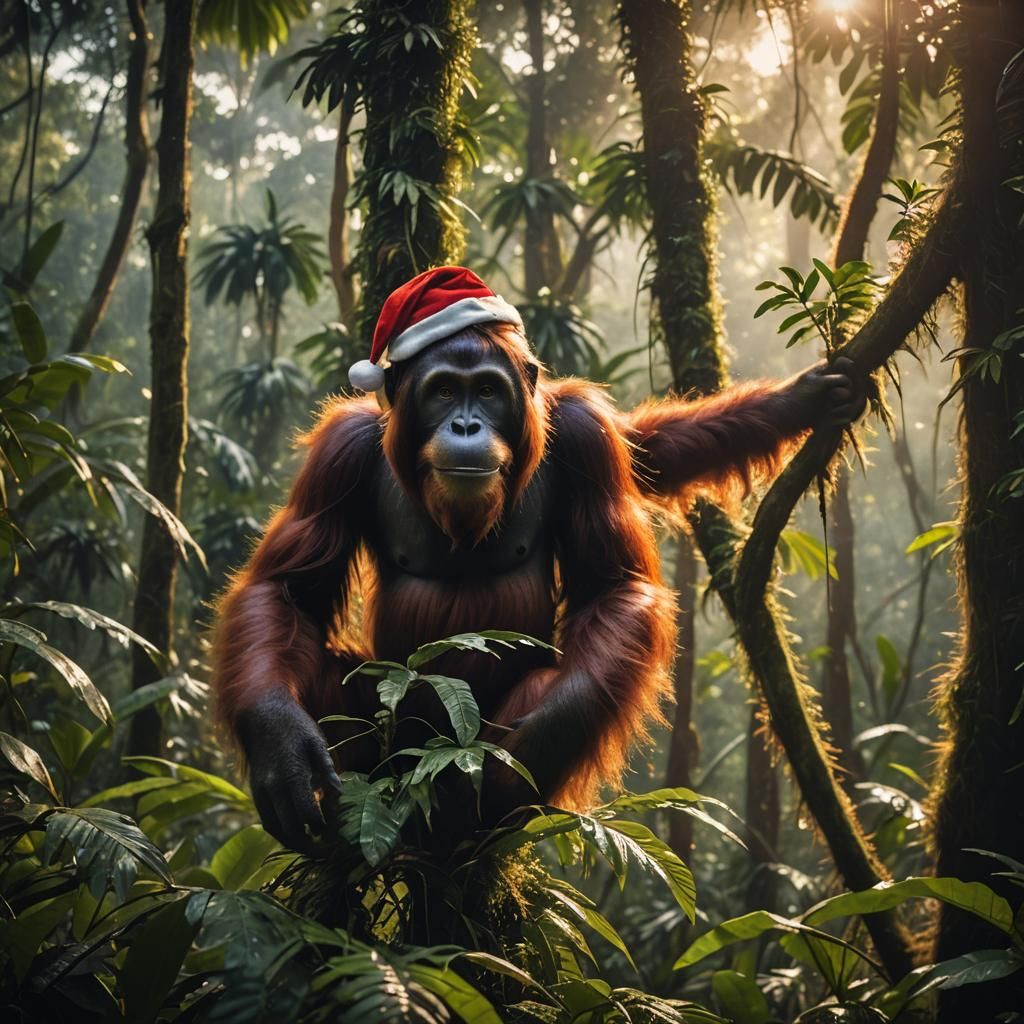 Orangutan in Rainforest Wearing Santa Hat