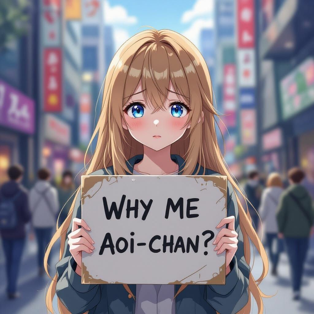 Sad Anime Girl in City Holding "WHY ME AOI-CHAN?" Sign