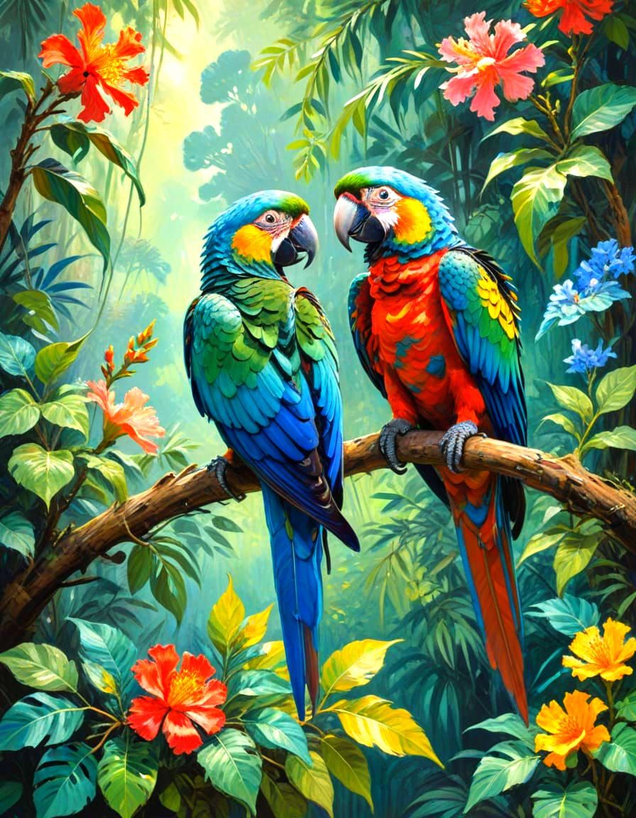 Vibrant Amazonian Parrots in Neo-Impressionist Gouache Style