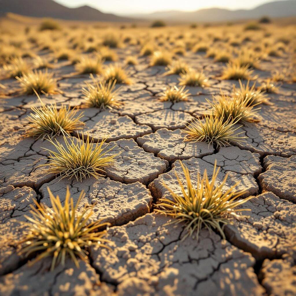 Dry Cracked Earth Landscape with Withered Grass