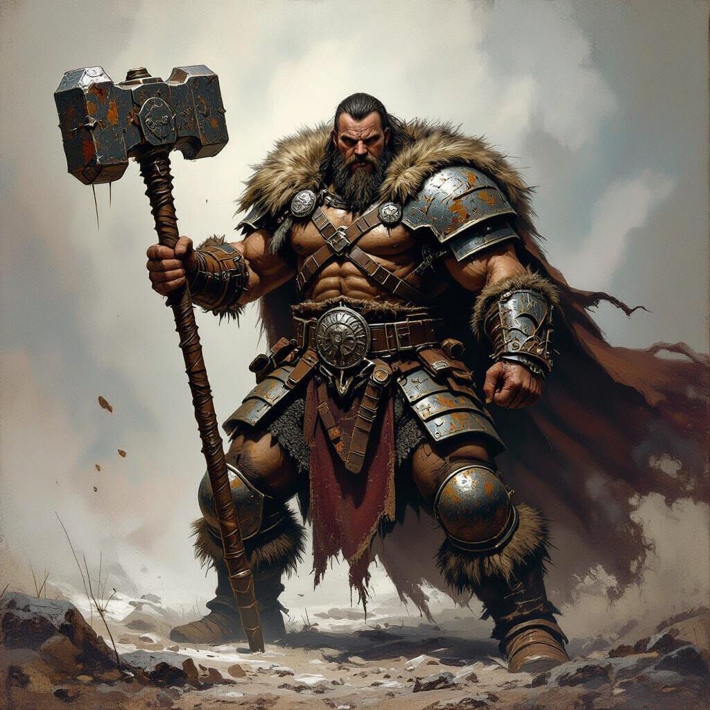 Armored Barbarian with Hammer, Cinematic Fantasy Art