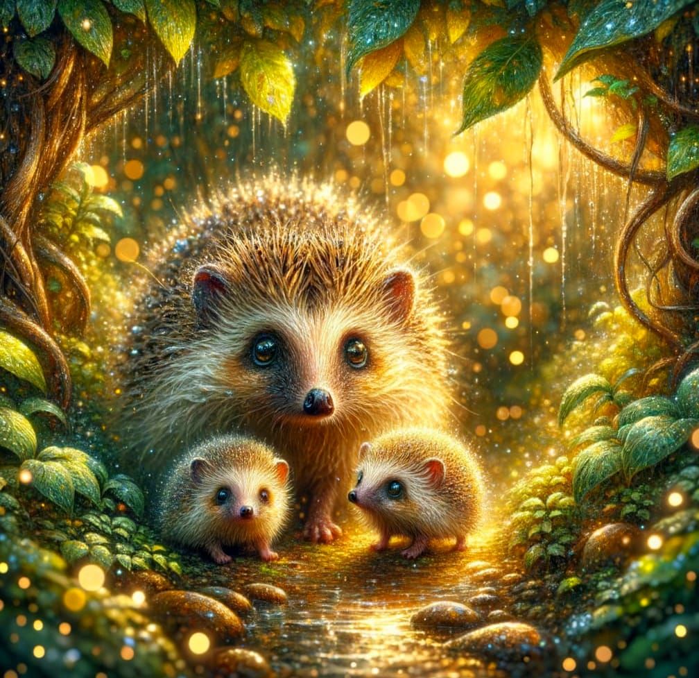 Adorable Hedgehogs in a Rainy Garden at Dawn