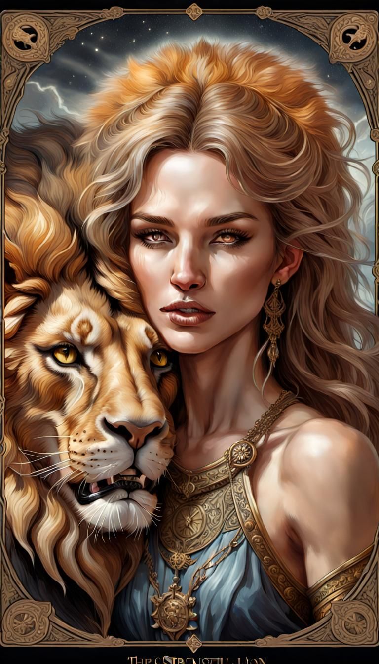 Tarot Card: Strength, Woman and Lion Fantasy Art
