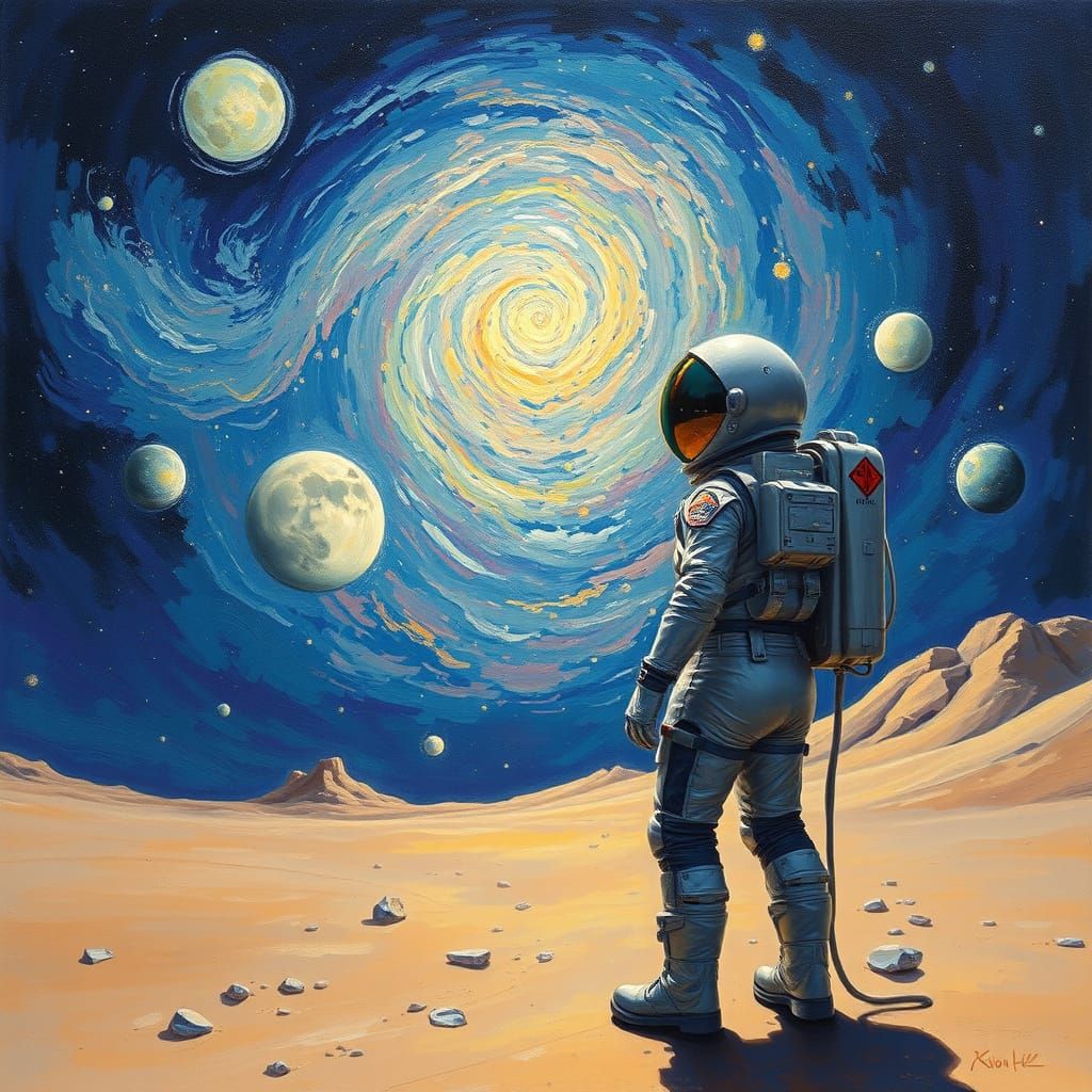 Astronaut Gazing at Nebula in Impressionistic Style