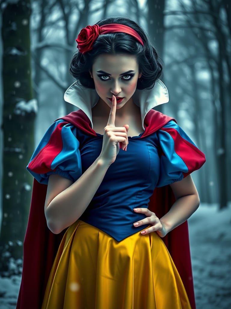 Snow White's Eerie Smile in Winter Forest, Hyperrealistic