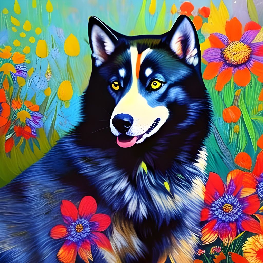 Husky Dog in Flowers, Van Gogh and Gauguin Style