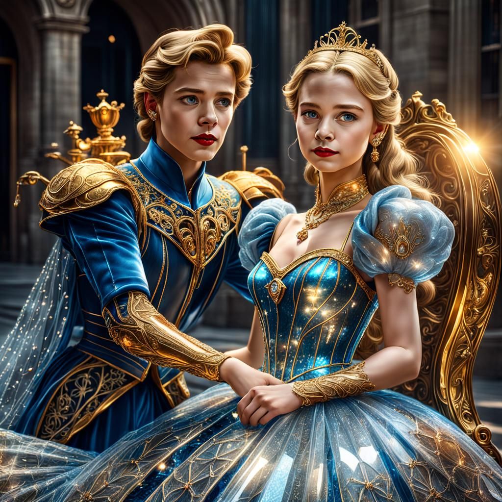 Hyperrealistic Cinderella in Glass Dress with Golden Tesla