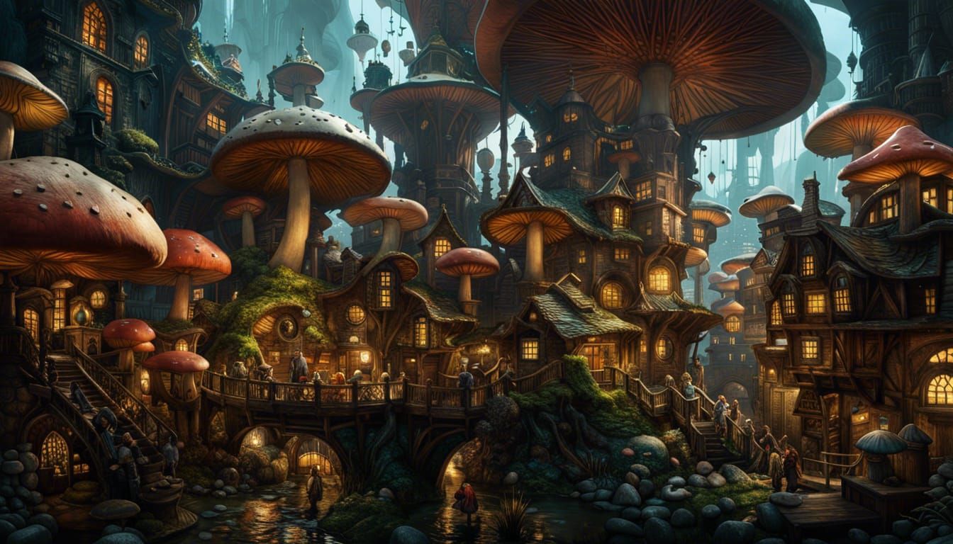 Fantasy Mushroom City, Digital Art Masterpiece