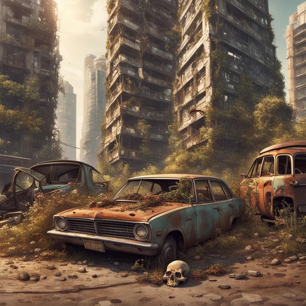 Overgrown Town with Skeleton and Skyscrapers
