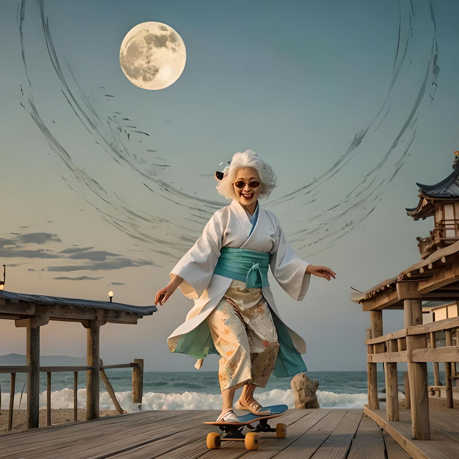 Happy Geisha Skateboarder on Okinawa Beach