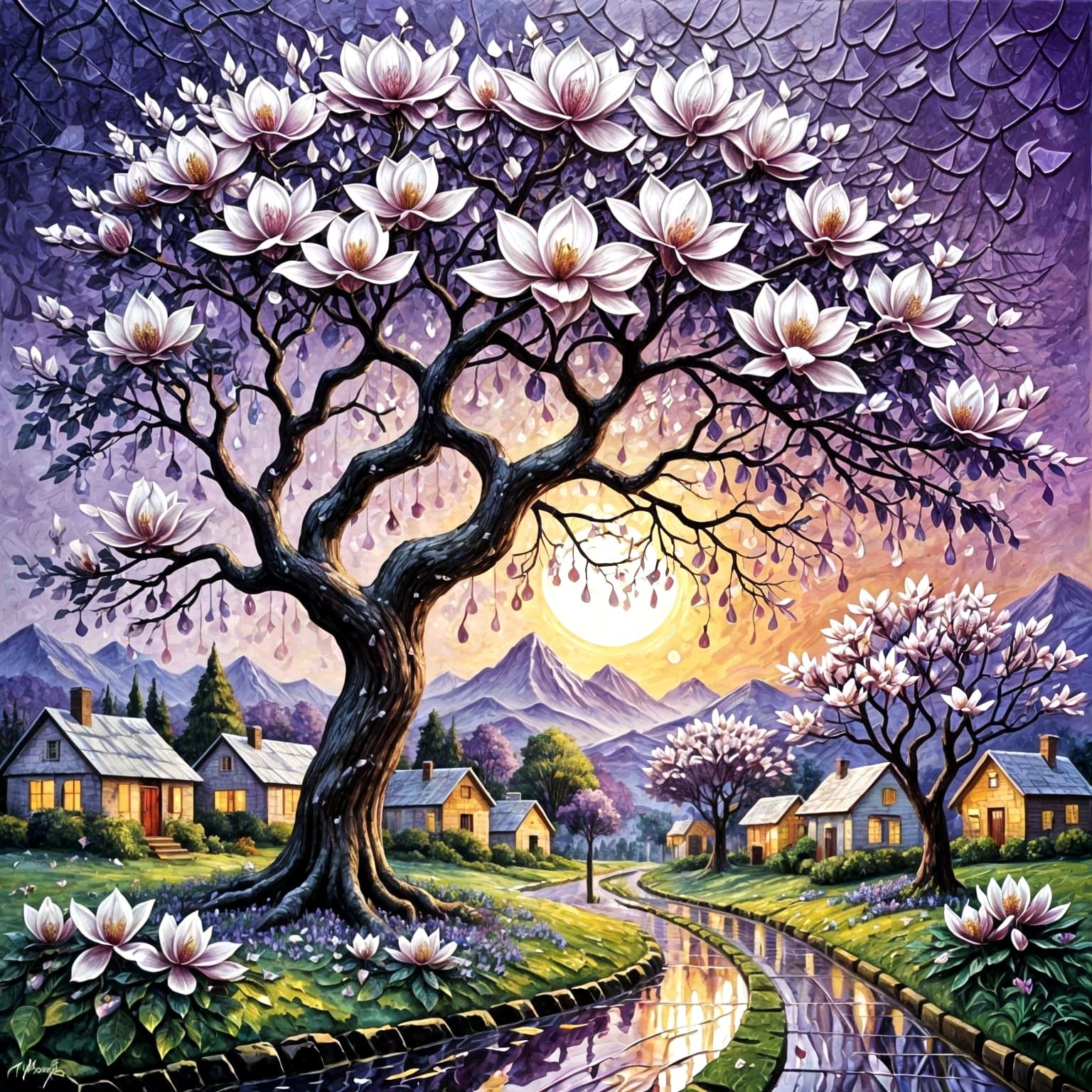 Surreal Magnolia Tree in Impasto Style