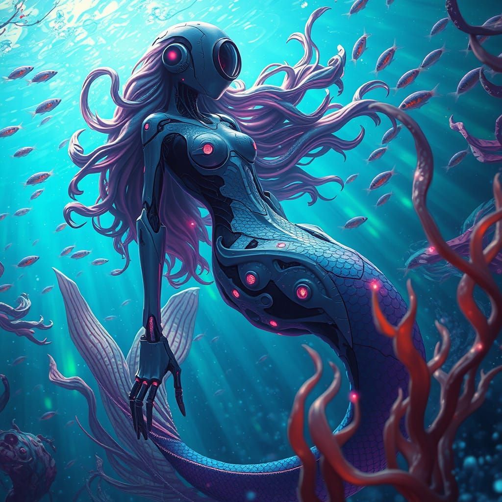 Robotic Mermaid Descends into Iridescent Ocean Depths