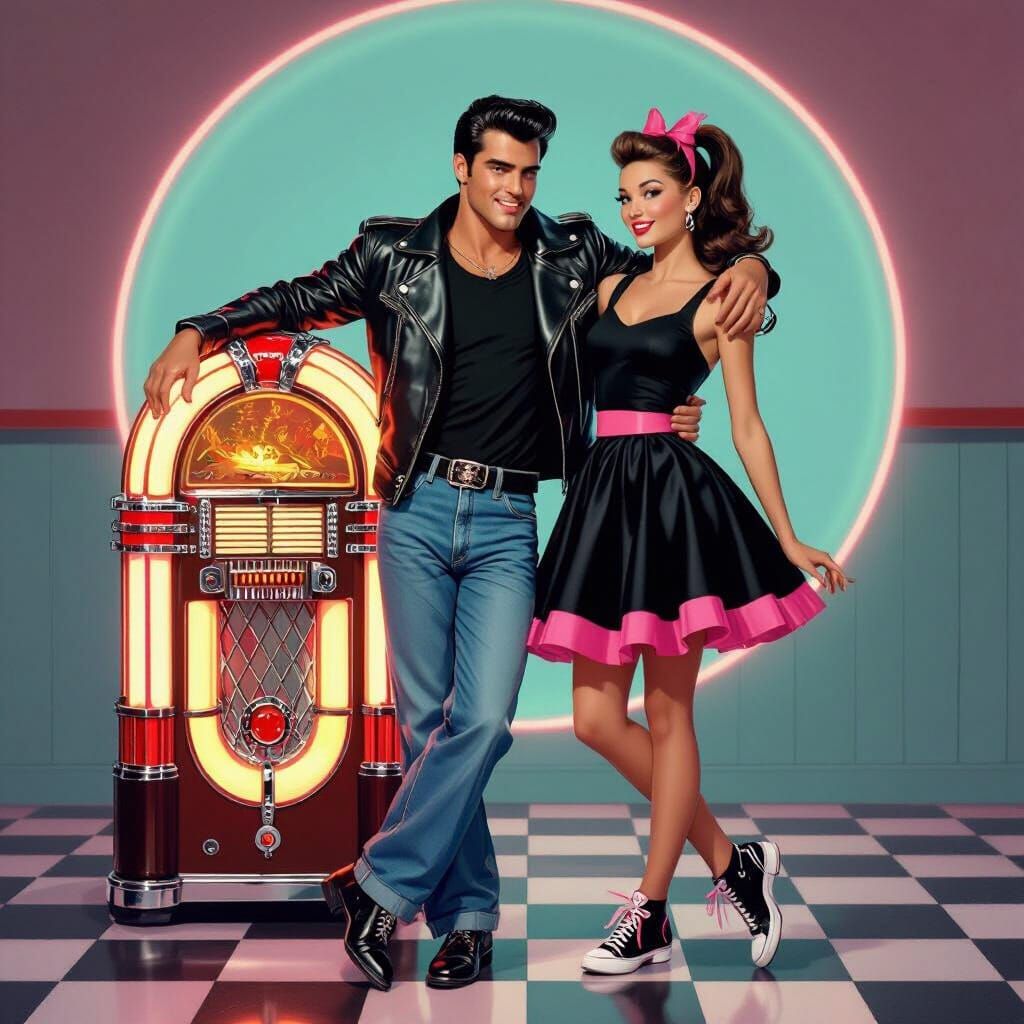 1950s Greaser and Girl in Rock and Roll Scene