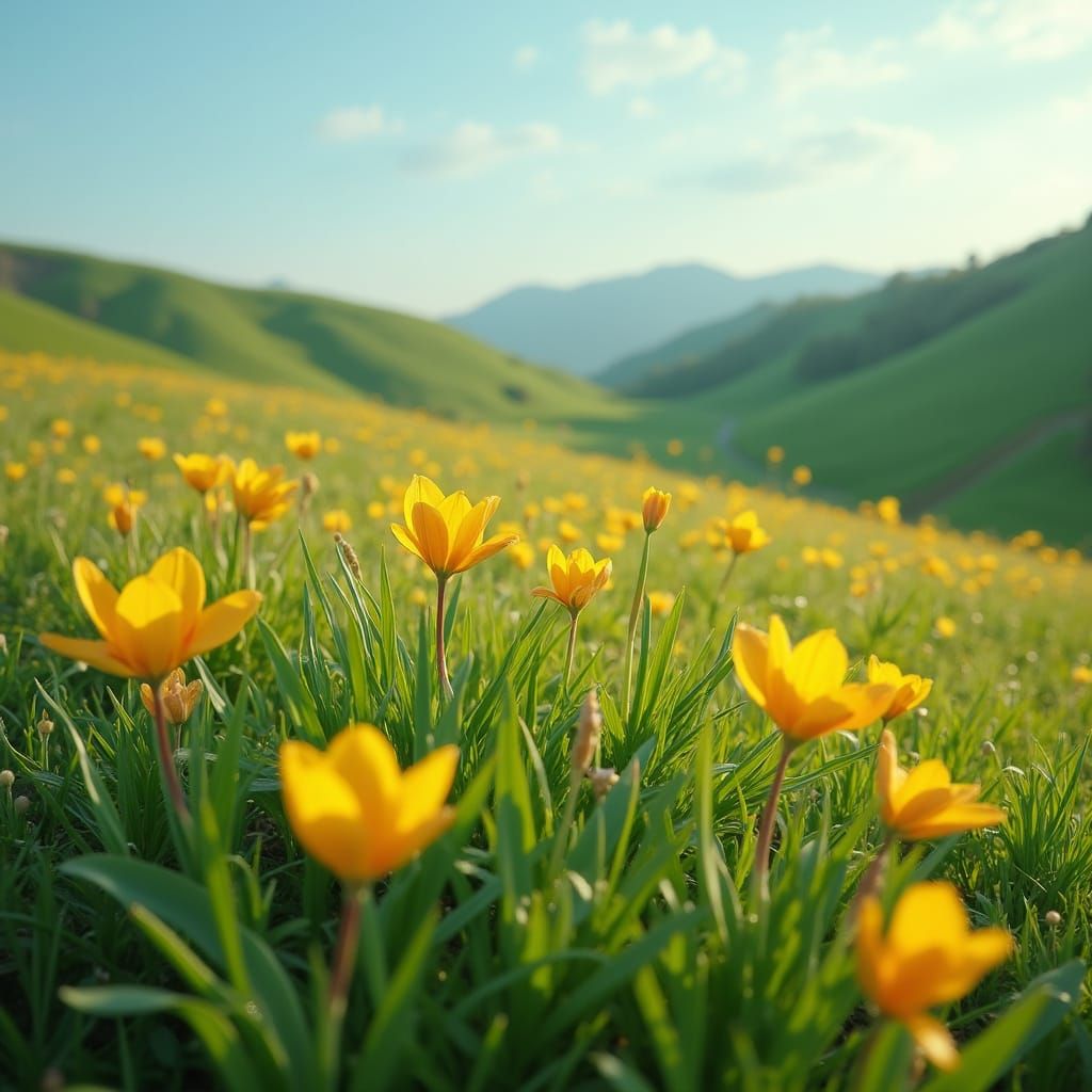 Vibrant Spring Hills with Bold Flowers in Hyper-Realistic St...