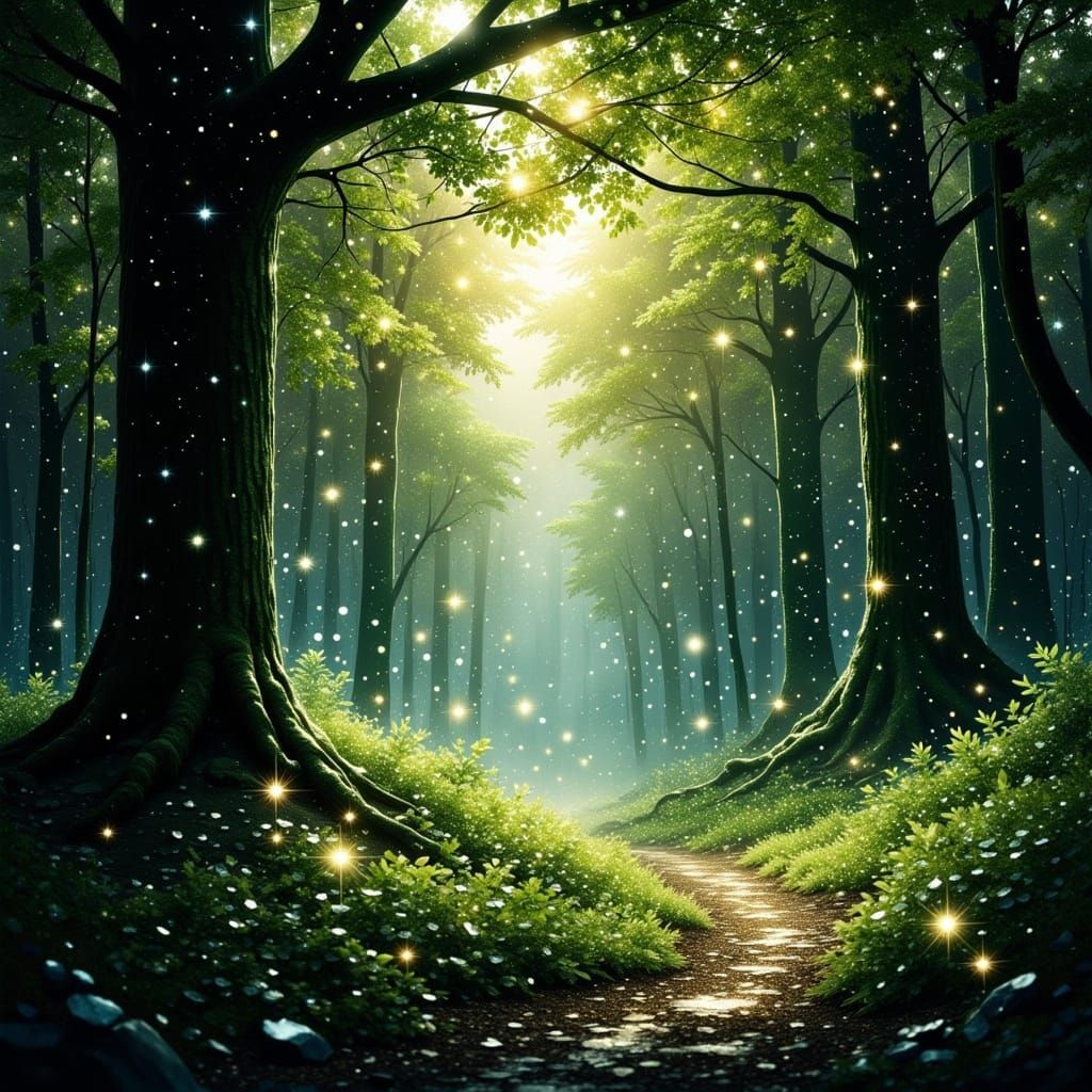 <lora:Glitter and Sparkle:1.0> <lora:Make it sparkle:1.0> volumetric lighting, Sparkling particles, forest