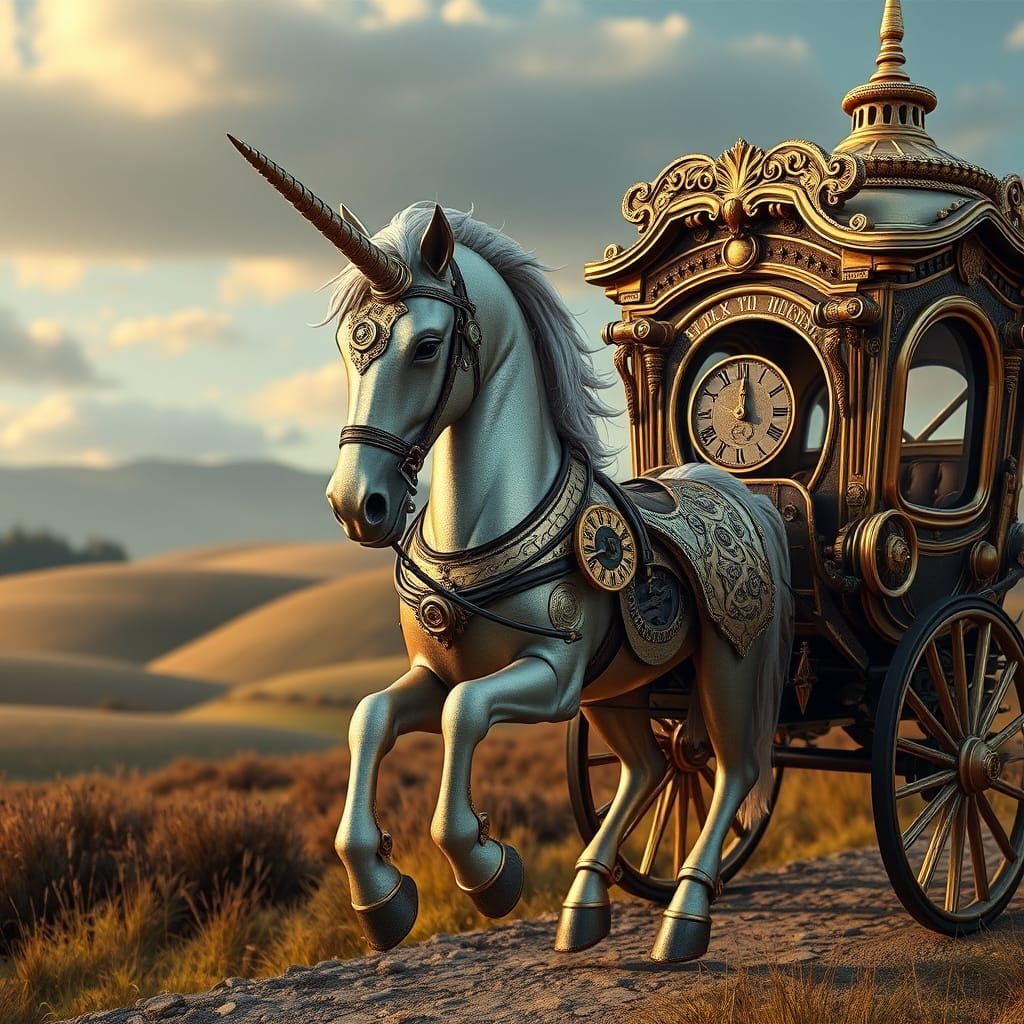 Steampunk Clockwork Unicorn Pulling Stagecoach