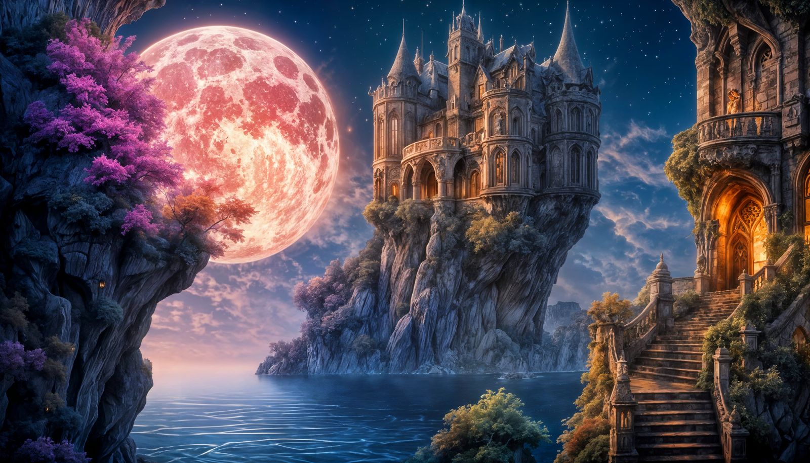 Fantasy Mansion on Cliffs Overlooking Luminous Ocean