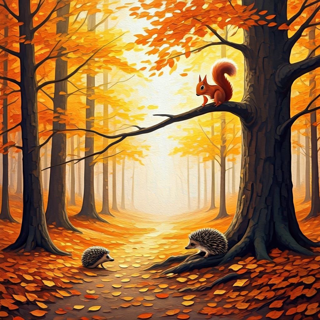 Autumn Forest Wildlife in Impasto Ink Style