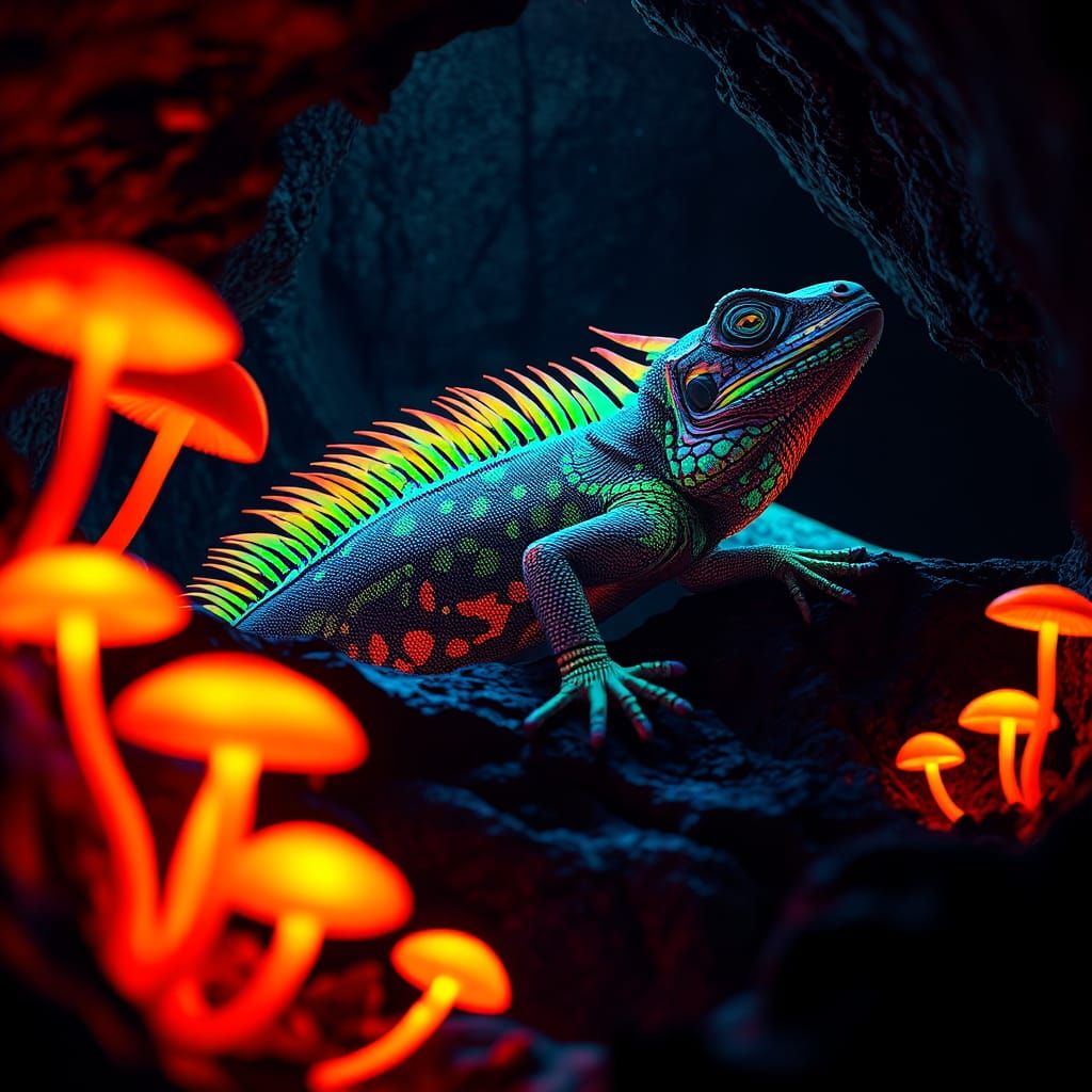 Fluorescent Iguana in Mystical Cavern: Fantasy Art