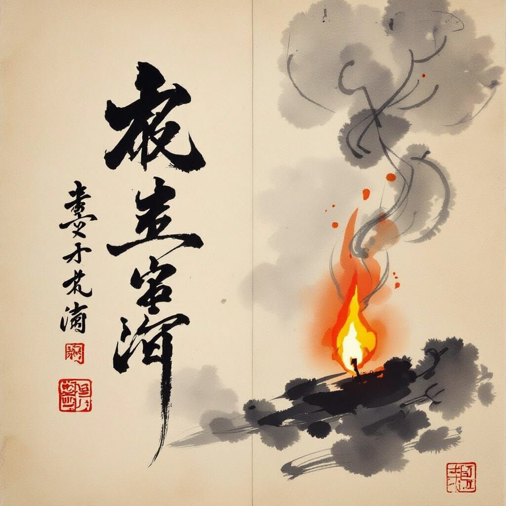 Elegant Sumi-e Scroll with Calligraphy and Dissolving Flame