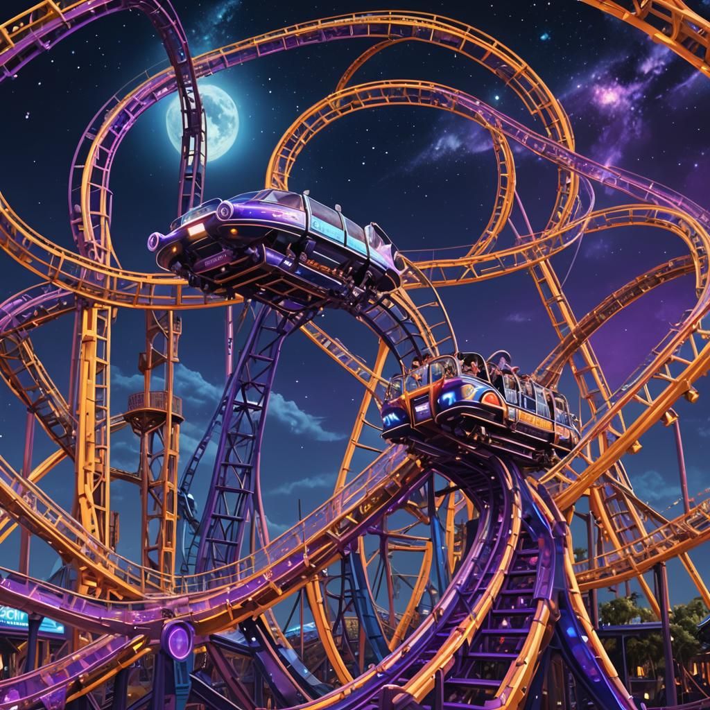 Celestial Roller Coaster with Floating Space Ships