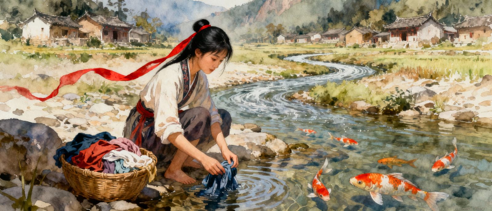Chinese Peasant Girl Washing Clothes by River with Koi Fish