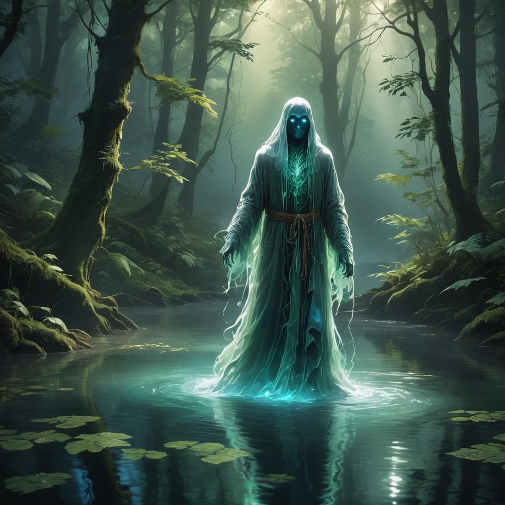 Ethereal Ghostly Figure in Deep Forest River