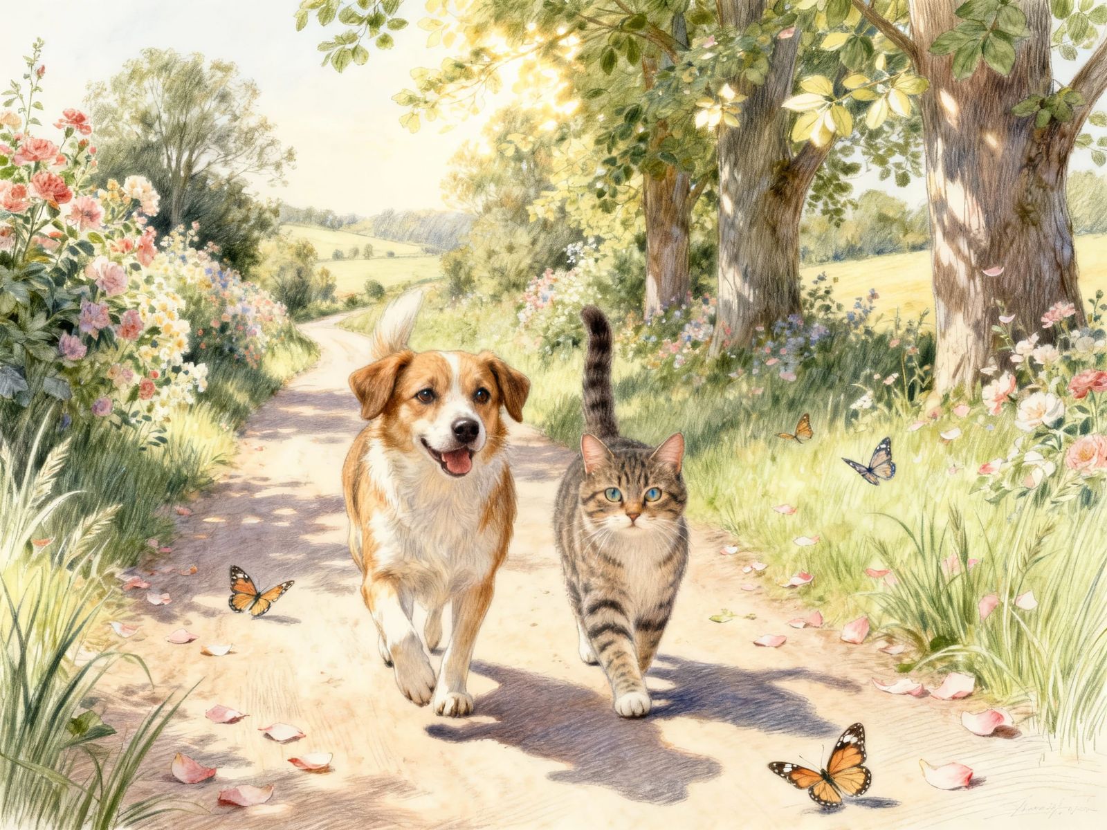 Joyful Dog and Cat Stroll on Sunlit Country Lane
