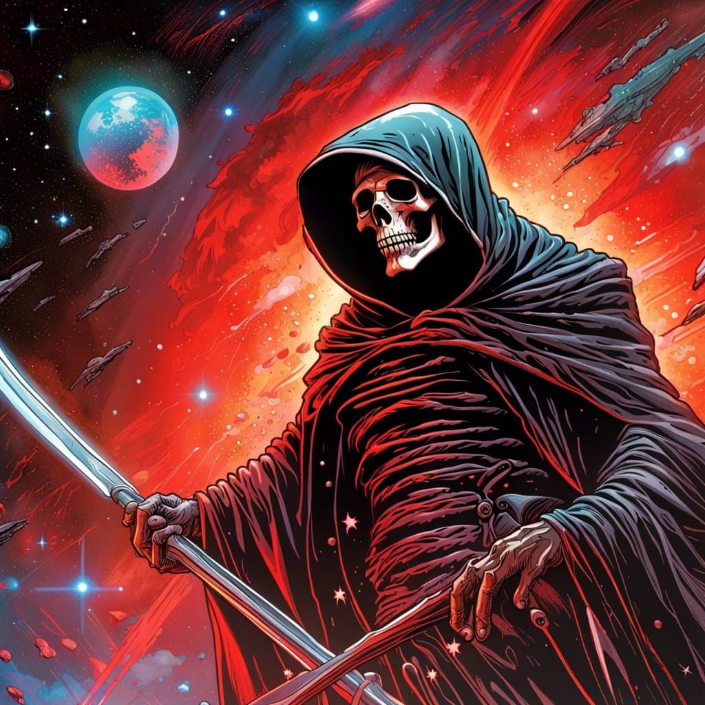 Grim Reaper in Space: Hyperrealistic Comic Art