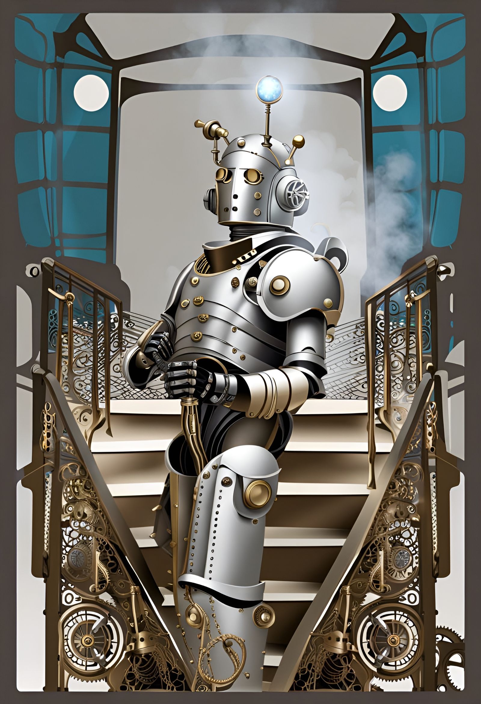 Steampunk Cyberman on Staircase with Engine