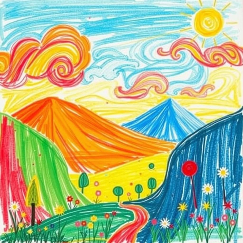 Naive Crayon Landscape of Childlike Joy