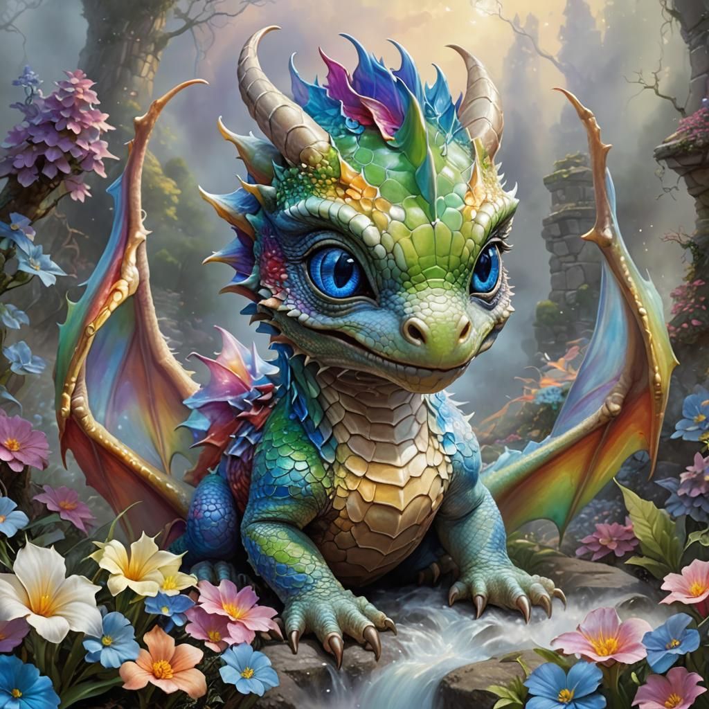 Rainbow Dragon Hatchling with Blue Eyes in Ethereal Style