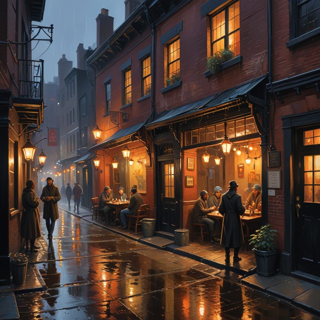 Mythical Tavern Scene in Vibrant Gouache Style