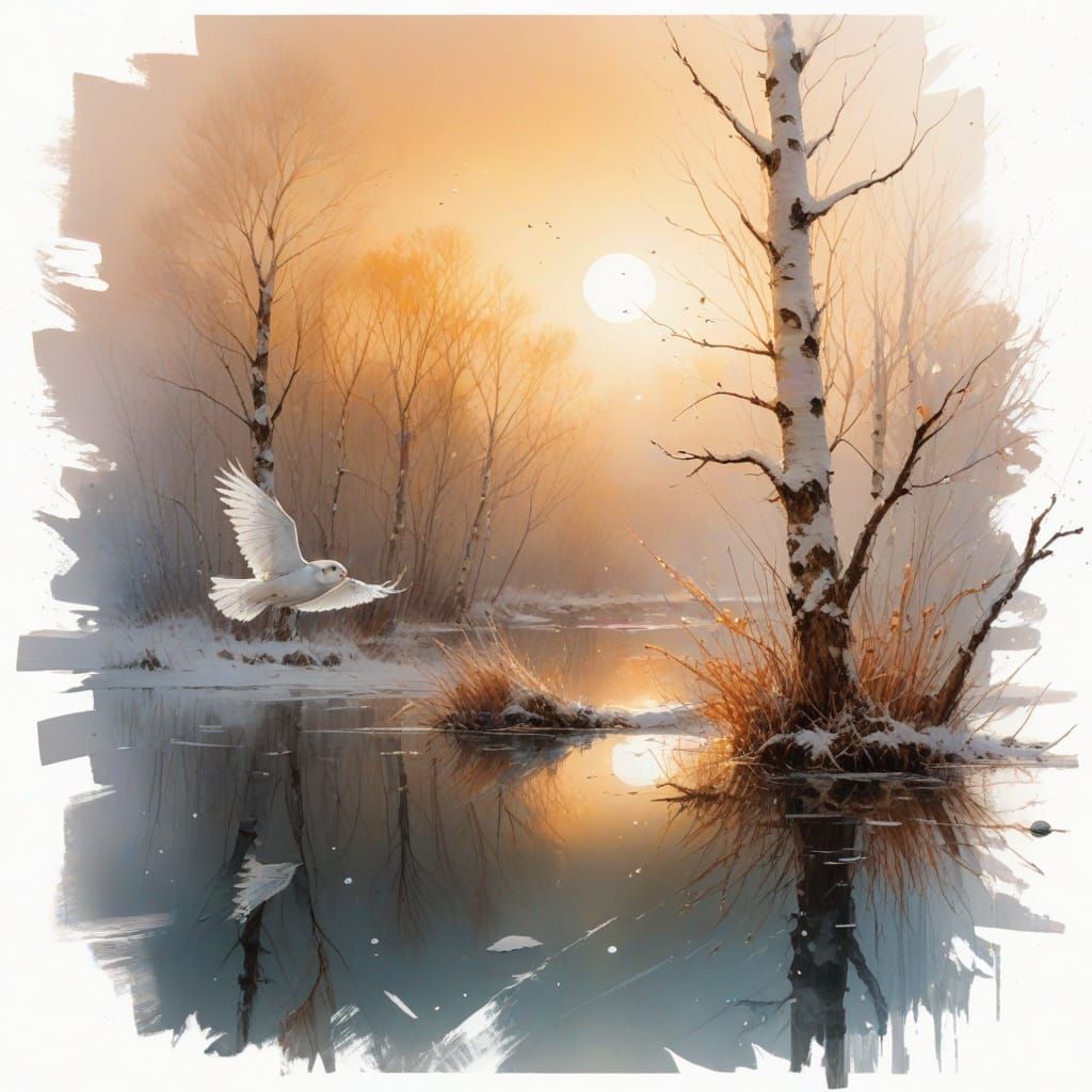 Snow Owl Skimming a Frozen Lake in Winter