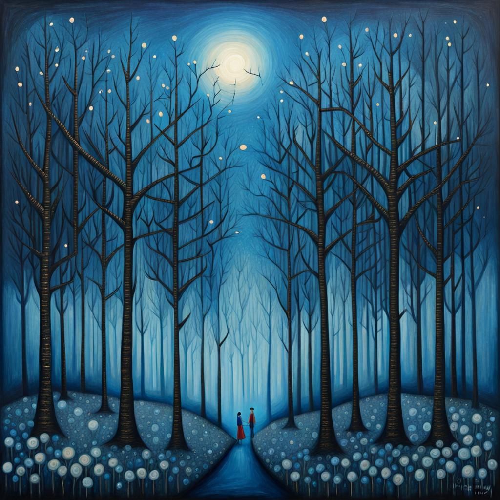 Blue Midnight Forest in Art Brut Style