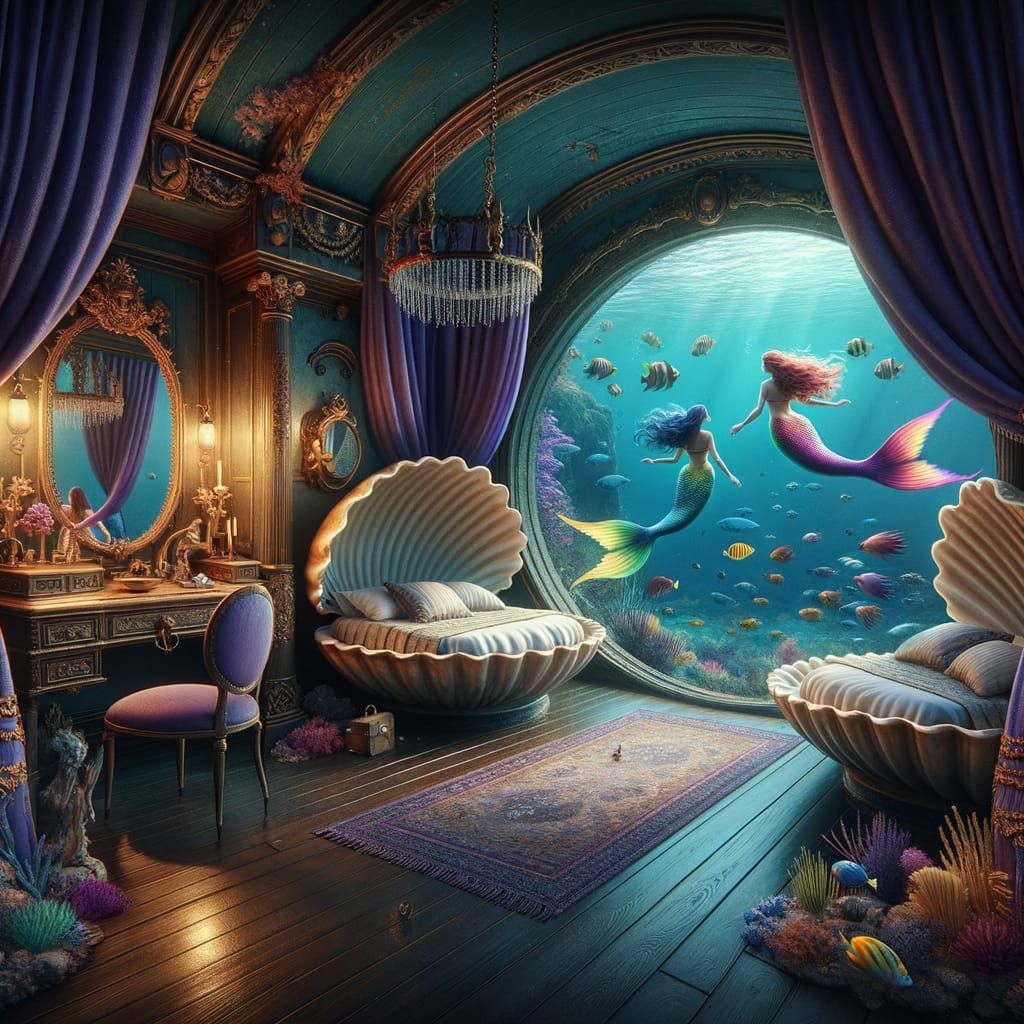 Underwater Mermaid Room with Shell Bed, Fantasy Concept Art
