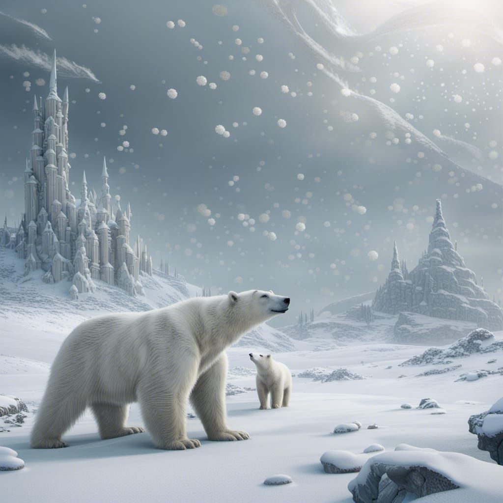 Snow Queen and Polar Bear in Winter Tundra